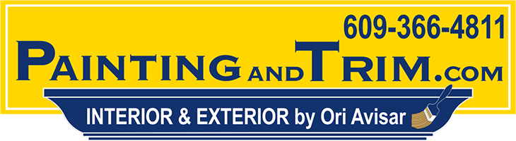 Logo for Painting and Trim by Ori Avisar. The design features a bold yellow background with navy blue lettering, phone number, and a small paintbrush graphic.