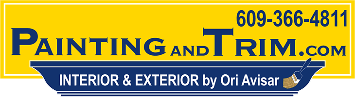 Logo for Painting and Trim by Ori Avisar. The design features a bold yellow background with navy blue lettering, phone number, and a small paintbrush graphic.