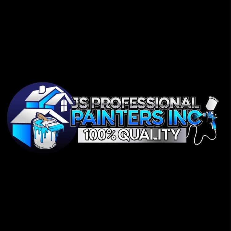 This is an image from JS Professional Painters Inc company, located in Glencoe, IL The image is a JS Professional Painters Inc logo featuring a blue house, dripping paint can, paintbrush, and spray gun with text '100% Quality'