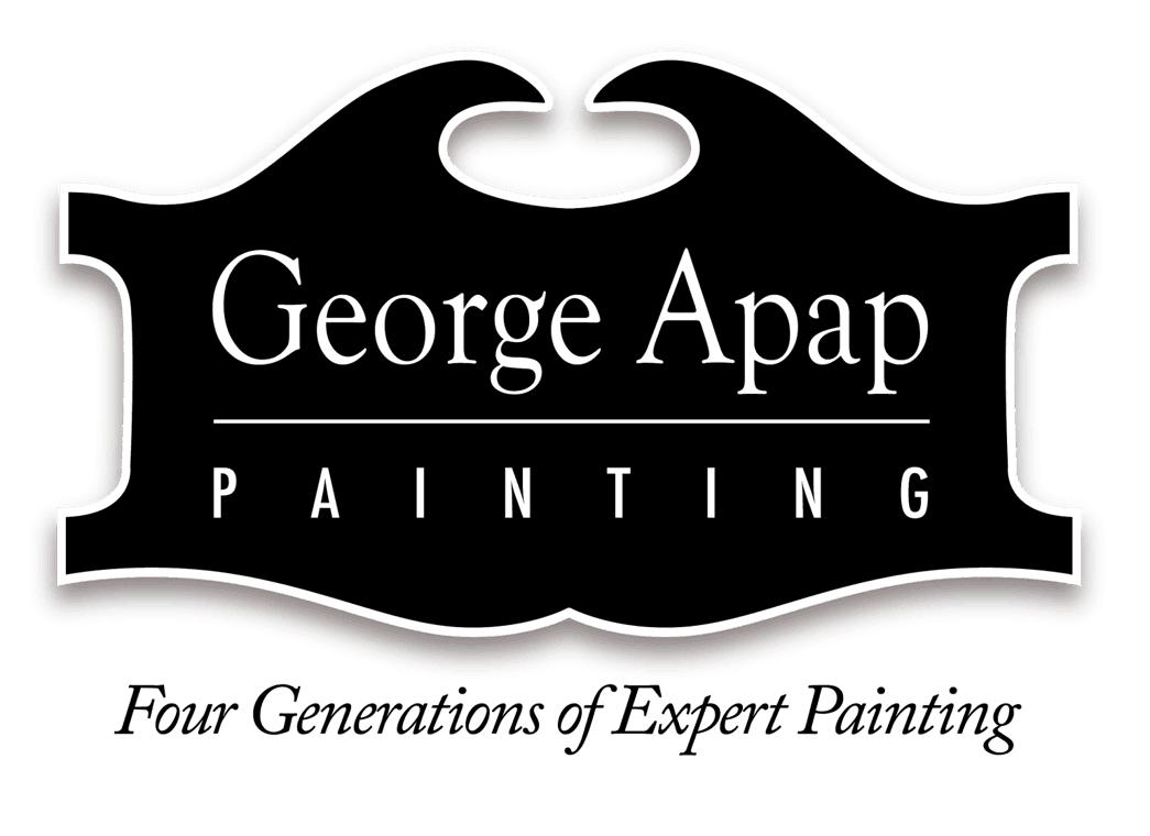 This is an image from George Apap Painting, located in New York. The logo for George Apap Painting features white serif lettering centered on a black, ornate plaque-shaped background.