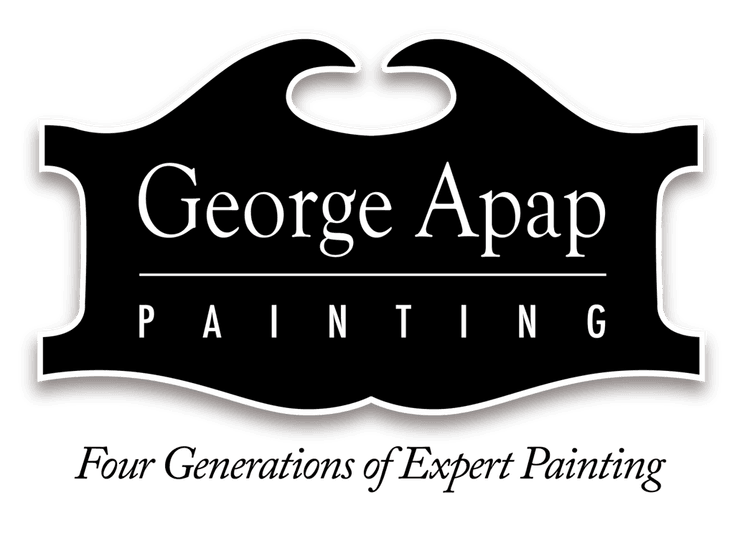 This is an image from George Apap Painting, located in New York. The logo for George Apap Painting features white serif lettering centered on a black, ornate plaque-shaped background.