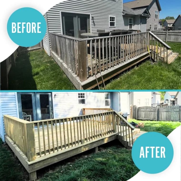 This is an image from That 1 Painter Knoxville, located in Tennessee. The image is a before and after photos of a backyard deck restoration project completed by That 1 Painter Knoxville, showing new woodwork and fresh paint.