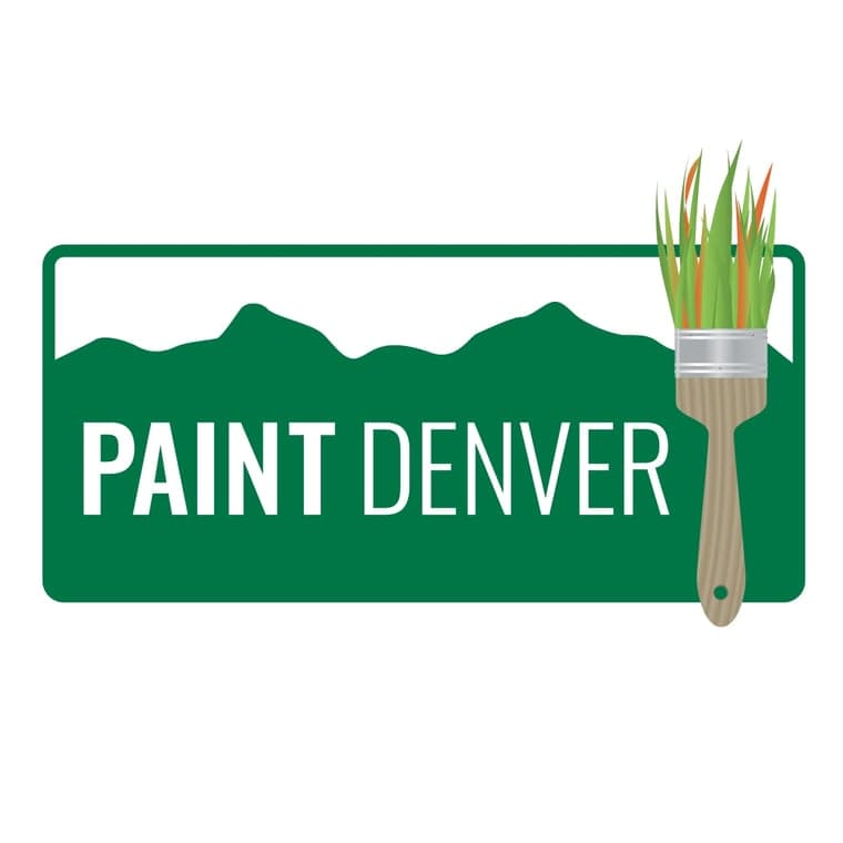 This is an image from Paint Denver company, located in Denver, CO The image is a Paint Denver logo with green mountain silhouette and paintbrush featuring blades of grass as bristles