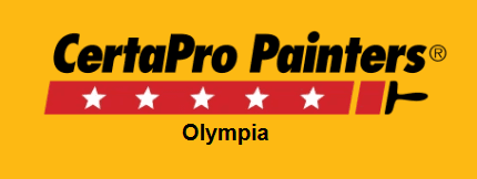 This is an image from CertaPro Painters of Olympia, located in Washington. The logo for CertaPro Painters of Olympia features bold black text on a yellow background with a red banner of five white stars and a paint roller graphic, with 'Olympia' displayed beneath.