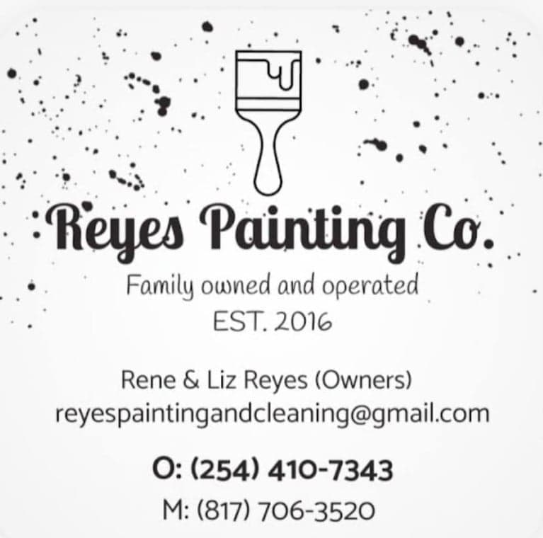 "This is an image from Reyes Painting Co., located in Texas. The logo for Reyes Painting Co. features a minimalist paintbrush icon above stylized script lettering with scattered paint splatter elements."