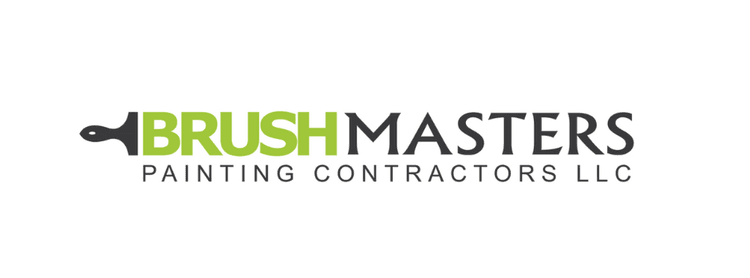 Logo for Brush Masters Painting Contractors LLC, featuring bold typography in black and green with a paintbrush icon incorporated into the design.