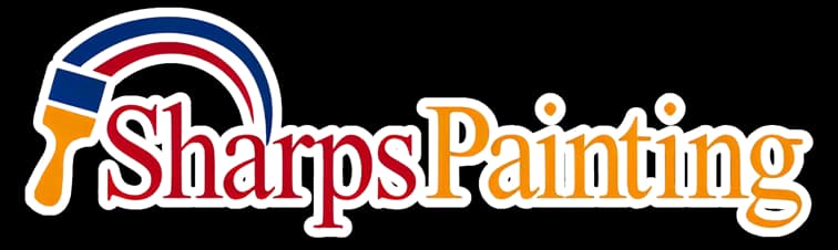 This is an image from Sharp's Painting, located in California. The logo for Sharps Painting features a stylized paintbrush graphic with red, white, and blue accents alongside bold lettering of the company name.