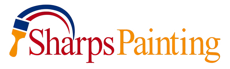 This is an image from Sharp's Painting, located in California. The logo for Sharps Painting features a stylized paintbrush graphic with red, white, and blue accents alongside bold lettering of the company name.