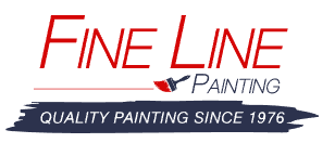 This is an image from Fine Line Painting, located in Pennsylvania. The logo for Fine Line Painting features red italic text, a small paintbrush graphic, and a dark blue brushstroke with the phrase Quality Painting Since 1976.
