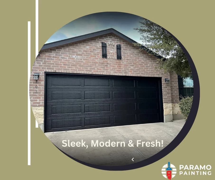 "This is an image from Paramo Painting, located in Texas. The exterior photo highlights a freshly painted black garage door on a brick home with a modern, clean finish."