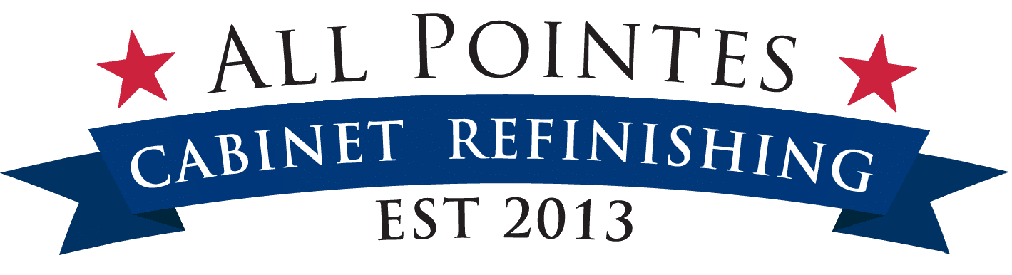 This is an image from All Pointes Cabinet Refinishing, located in Michigan. The logo for All Pointes Cabinet Refinishing features black text with red stars and a blue banner displaying the words Cabinet Refinishing and Est 2013.