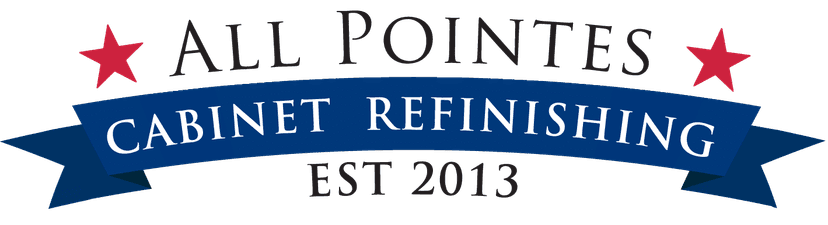 This is an image from All Pointes Cabinet Refinishing, located in Michigan. The logo for All Pointes Cabinet Refinishing features black text with red stars and a blue banner displaying the words Cabinet Refinishing and Est 2013.