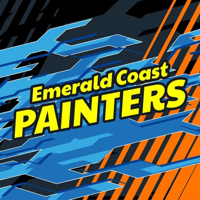 This is an image from Emerald Coast Painters company, located in Navarre, FL. The image is an Emerald Coast Painters logo with bold yellow text over a modern blue and orange graphic background, representing a professional painting company in Florida.