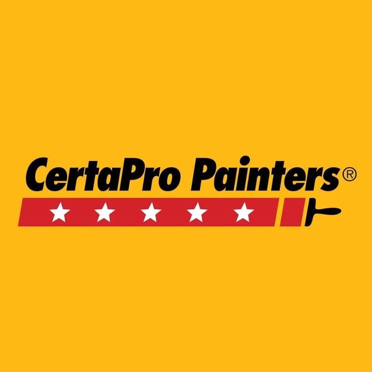 This is an image from CertaPro Painters of Kirkwood, located in Missouri. The logo for CertaPro Painters of Kirkwood features bold black lettering on a yellow background with a red paint stroke, white stars, and a paintbrush icon representing the professional painting brand.