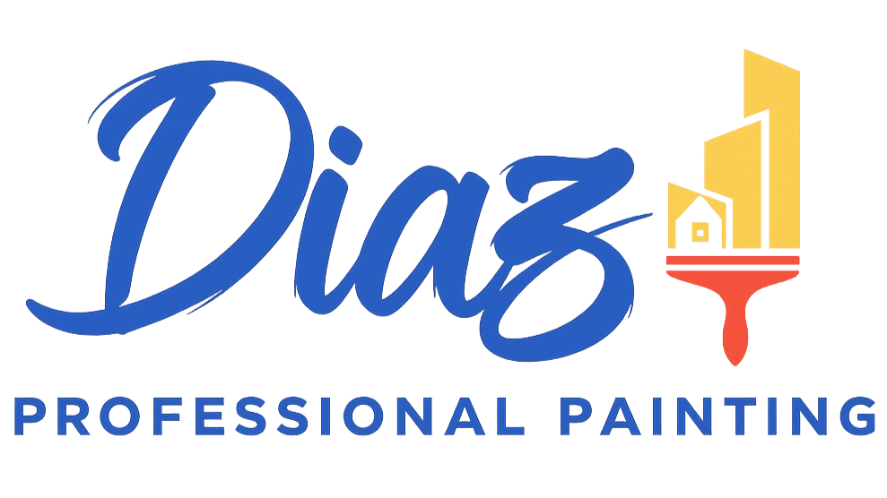 This is an image from Diaz Pro Painting, located in California. The logo for Diaz Pro Painting features stylized blue lettering with a paint roller graphic and bold text highlighting professional painting services.