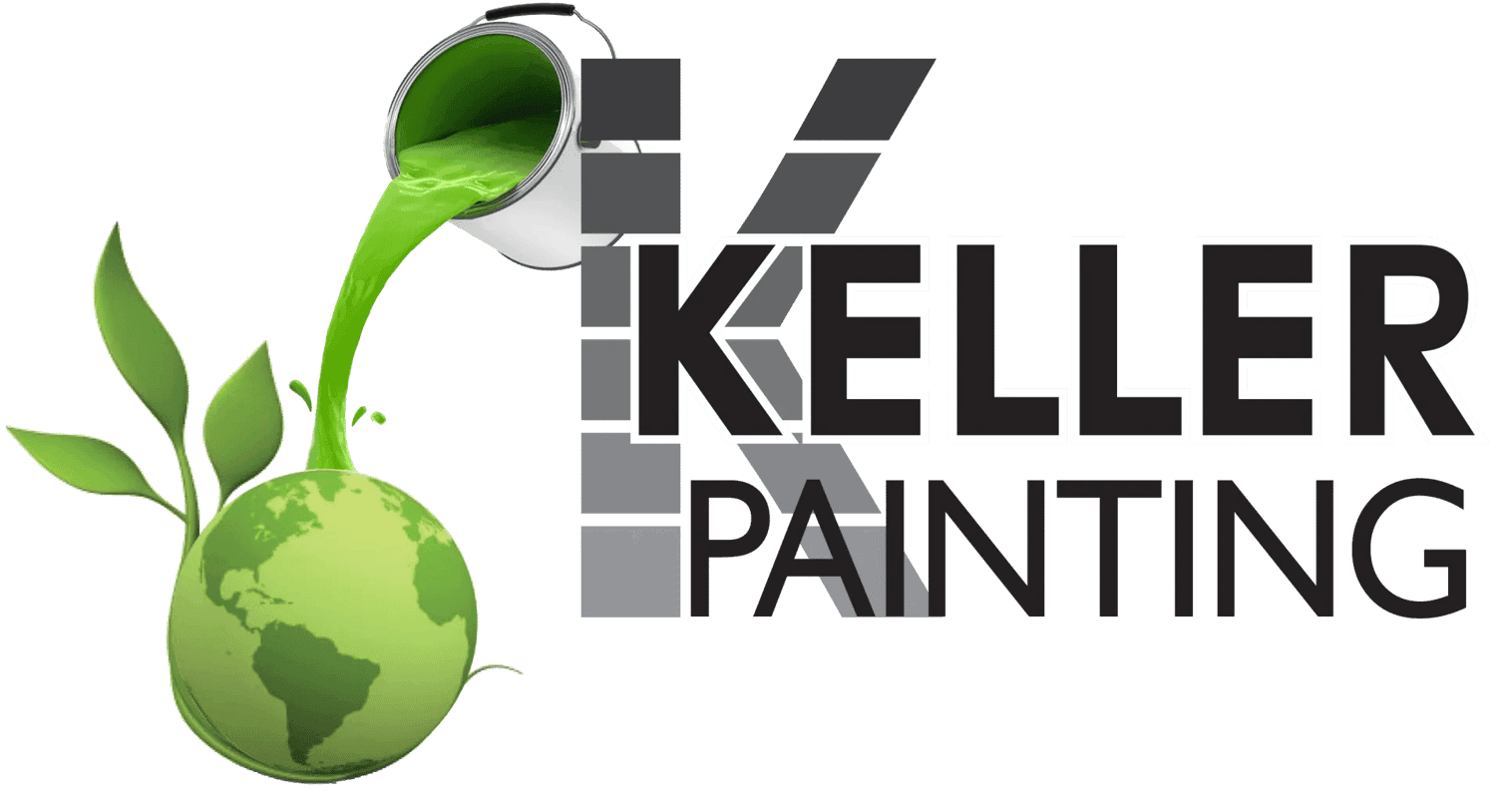 This is an image from Keller Custom Painting, located in Michigan. The logo for Keller Custom Painting features a paint can pouring green paint over a globe with plant leaves representing eco-friendly painting.