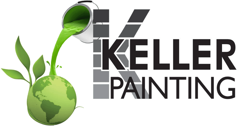 This is an image from Keller Custom Painting, located in Michigan. The logo for Keller Custom Painting features a paint can pouring green paint over a globe with plant leaves representing eco-friendly painting.