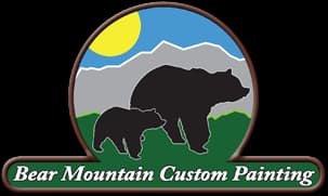 This is an image from Bear Mountain Custom Painting, located in Georgia. The logo for Bear Mountain Custom Painting features black bear silhouettes in front of mountains, green hills, a yellow sun, and the company name in a green banner