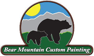 This is an image from Bear Mountain Custom Painting, located in Georgia. The logo for Bear Mountain Custom Painting features black bear silhouettes in front of mountains, green hills, a yellow sun, and the company name in a green banner