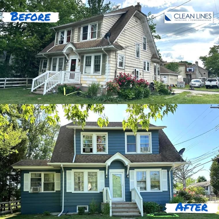 This is an image from Clean Lines Painting & Powerwashing of New Jersey, the image is a before and after comparison of a two-story home, showing the transformation from weathered beige siding to a fresh blue exterior with white trim, painted by Clean Lines Painting + Powerwashing.