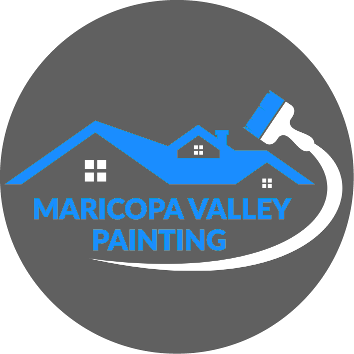 This is an image from Maricopa Valley Painting, located in Arizona. The logo for Maricopa Valley Painting features bold blue text with a stylized blue rooftop graphic and a paint roller sweeping across a gray circular background, representing the painting company.