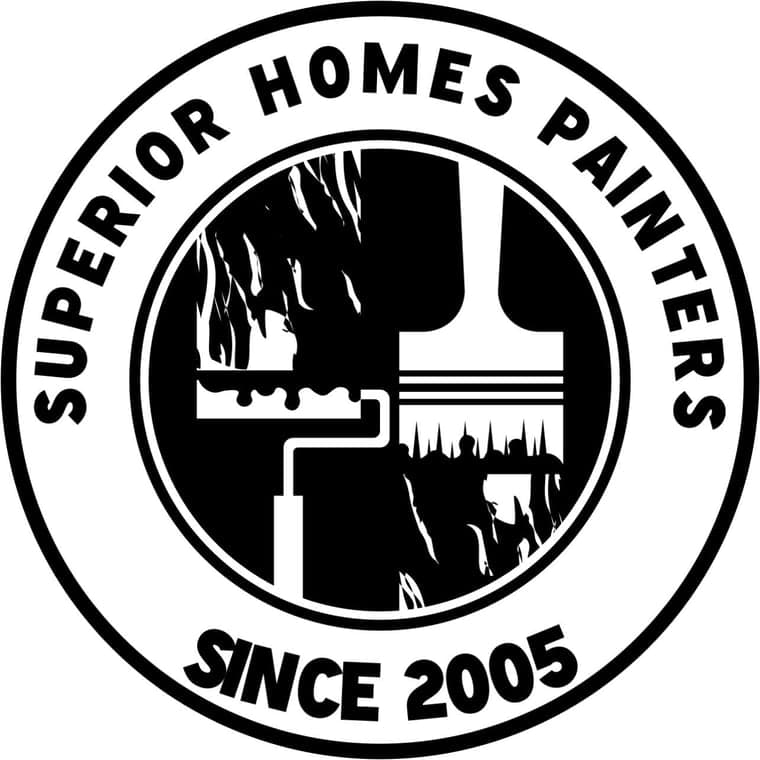 This is the logo of Superior Homes Painters, based in Massachusetts. The circular black-and-white design features a paint roller and brush, with text stating “Superior Homes Painters Since 2005.