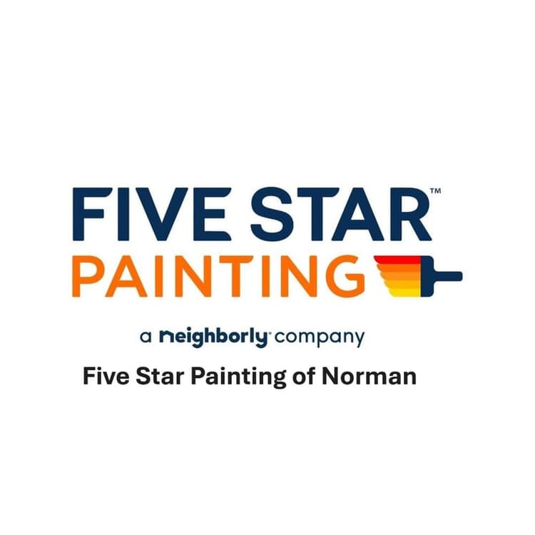 This is the logo for Five Star Painting of Norman, an Oklahoma-based painting contractor. The design features bold blue and orange text with a paintbrush icon in gradient colors.