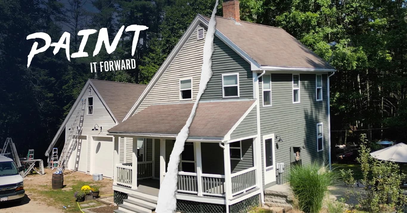 This is an image from That 1 Painter Austin, located in Texas. The photo shows a split before-and-after exterior transformation of a two-story home, highlighting newly painted green siding and refreshed trim.