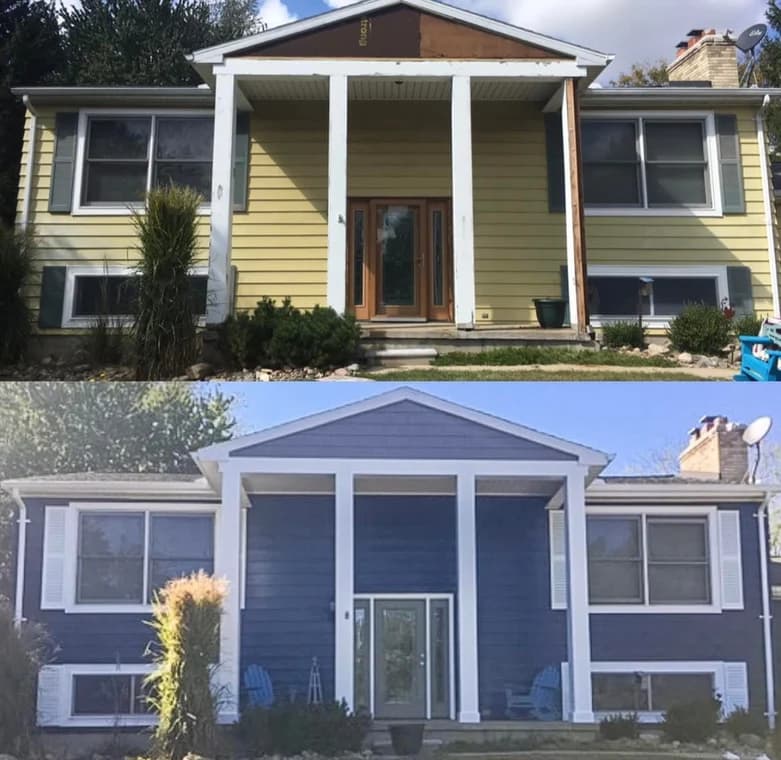 This is an image from Brushmen and Standby Bros company, located in Lansing, MI The image is a before and after exterior house painting transformation, faded yellow siding with weathered trim repainted to vibrant navy blue with crisp white accents by Brushmen and Standby Bros