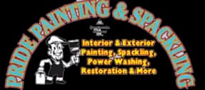 This is an image from Pride Painting & Spackling Home Improvement Inc., located in New York. The logo features a cartoon painter holding a brush with curved red and blue text advertising painting, spackling, power washing, and restoration services.