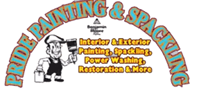 This is an image from Pride Painting & Spackling Home Improvement Inc., located in New York. The logo features a cartoon painter holding a brush with curved red and blue text advertising painting, spackling, power washing, and restoration services.