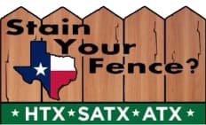 "This is an image from Stain Your Fence?, located in Texas. The logo for Stain Your Fence? features a wooden-fence design with the Texas state outline and bold black lettering above a green banner labeled HTX, SATX, and ATX."