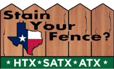 "This is an image from Stain Your Fence?, located in Texas. The logo for Stain Your Fence? features a wooden-fence design with the Texas state outline and bold black lettering above a green banner labeled HTX, SATX, and ATX."