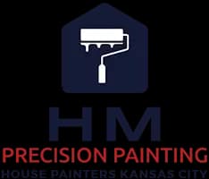 This is an image from HM Precision Painting, located in Missouri. The logo for HM Precision Painting features a paint roller icon above bold lettering with black and red accents, representing professional residential and commercial painting services.