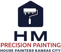 This is an image from HM Precision Painting, located in Missouri. The logo for HM Precision Painting features a paint roller icon above bold lettering with black and red accents, representing professional residential and commercial painting services.