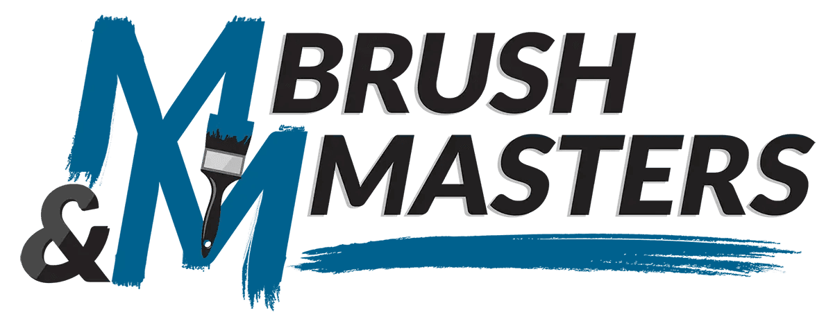 This is an image from Brushmasters and Pressure Washing, located in Florida. The logo for Brushmasters and Pressure Washing features bold black and white text with a blue background and a paintbrush graphic.