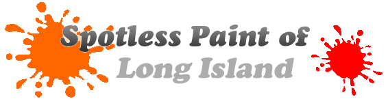 This is an image from Spotless Paint of Long Island, located in New York. The logo for Spotless Paint of Long Island features bold white lettering with orange and red paint splatter graphics representing the painting company.