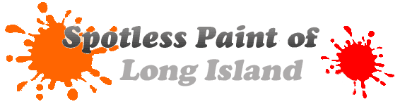 This is an image from Spotless Paint of Long Island, located in New York. The logo for Spotless Paint of Long Island features bold white lettering with orange and red paint splatter graphics representing the painting company.