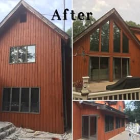 Home exterior painting project by Array of Color Painting LLC, showing natural wood siding refreshed with a rich stain finish.