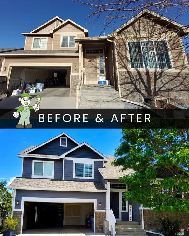 This is an image from Paint Pals company, located in Timnath, CO The image is a  before and after exterior house painting by Paint Pals showing transformation from beige siding with tan trim to modern dark gray siding with crisp white trim, enhancing curb appeal and style.