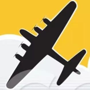 This is an image from Bombardier Painting company, located in Coraopolis, PA. The image is a Silhouette of a four-engine bomber airplane flying above clouds on a yellow background, representing Bombardier Painting company logo.