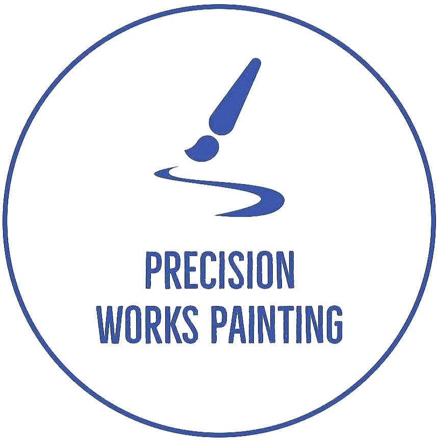 This is an image from Precision Works Painting, located in Pennsylvania. The logo for Precision Works Painting features a minimalist blue paintbrush icon inside a circular outline with clean text below.