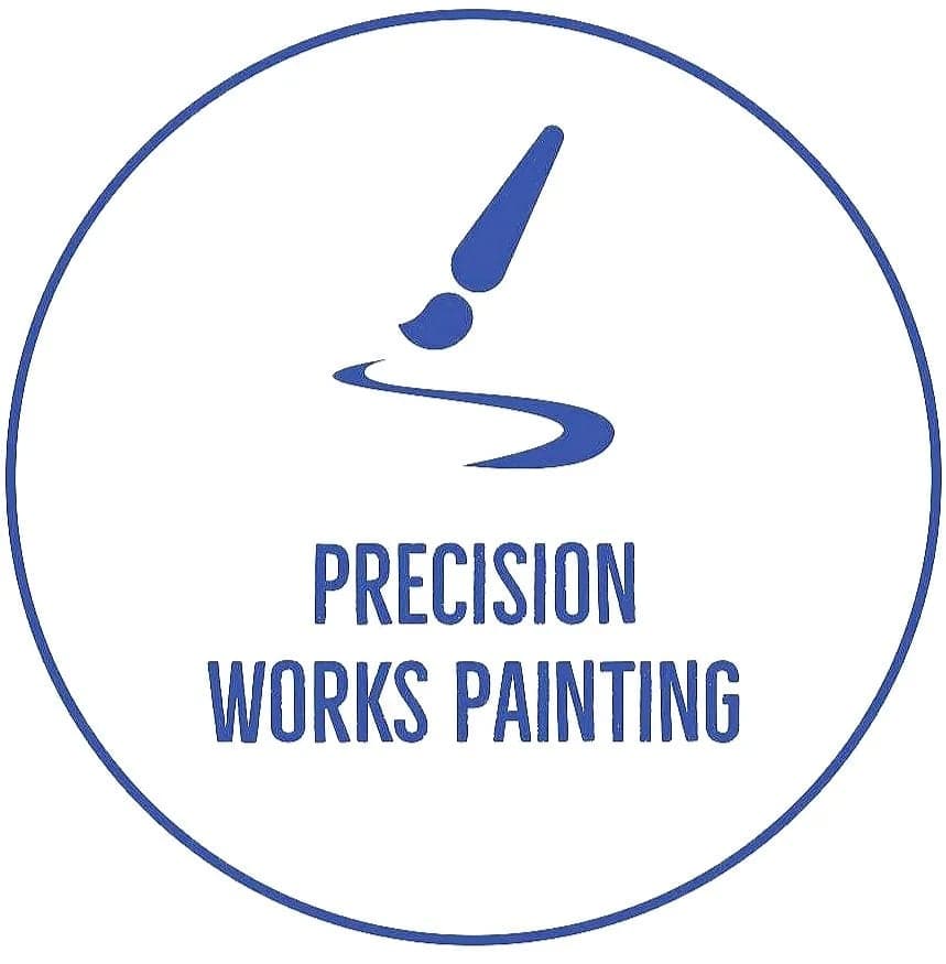 This is an image from Precision Works Painting, located in Pennsylvania. The logo for Precision Works Painting features a minimalist blue paintbrush icon inside a circular outline with clean text below.