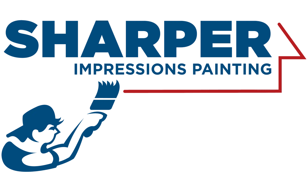 This is an image from Sharper Impressions Painting, located in Washington. The logo for Sharper Impressions Painting features bold blue lettering, a painter holding a brush, and a red roofline outline.