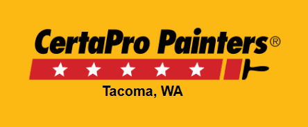 This is an image from CertaPro Painters of Tacoma, located in Washington. The logo for CertaPro Painters of Tacoma features bold black text on a yellow background with a red painter’s brush graphic, white stars, and Tacoma, WA below.