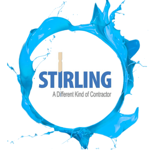 This is an image from Stirling, located in Pennsylvania. The logo for Stirling features blue text with a paint brush design in the lettering and a bright blue circular paint splash around the company name.