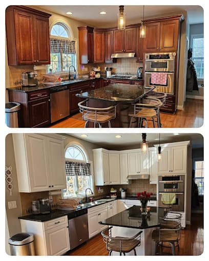 This is an image from Hearts & Hands Painting, located in Kentucky. The image shows a kitchen cabinet transformation with a before-and-after comparison highlighting dark wood cabinets updated to a bright white painted finish.
