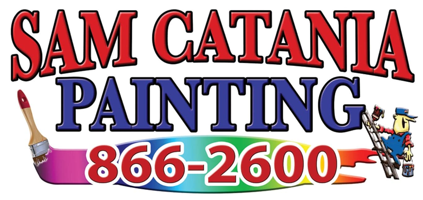 This is an image from Sam Catania Painting, located in Pennsylvania. The logo for Sam Catania Painting features bold red and blue text with a colorful paint stroke background, a paintbrush, and a cartoon painter on a ladder.
