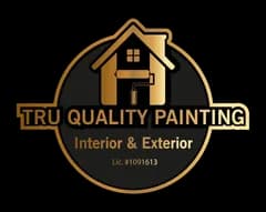 This is an image from Tru Quality Painting, located in California. The image shows a freshly painted single-story residential home exterior with white garage doors, light neutral siding, dark trim accents, and a clean, modern curb appeal.