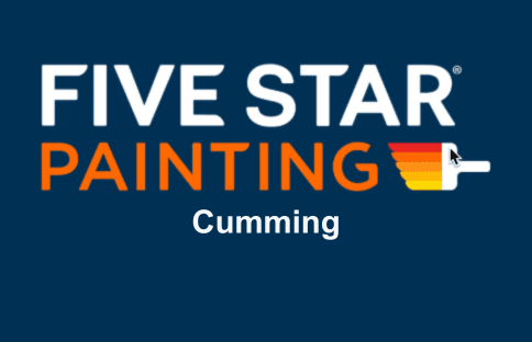 This is an image from Five Star Painting, located in Georgia. The logo for Five Star Painting features bold white and orange text on a navy blue background with a colorful paintbrush graphic in red, orange, and yellow tones, with 'Cumming' displayed below.